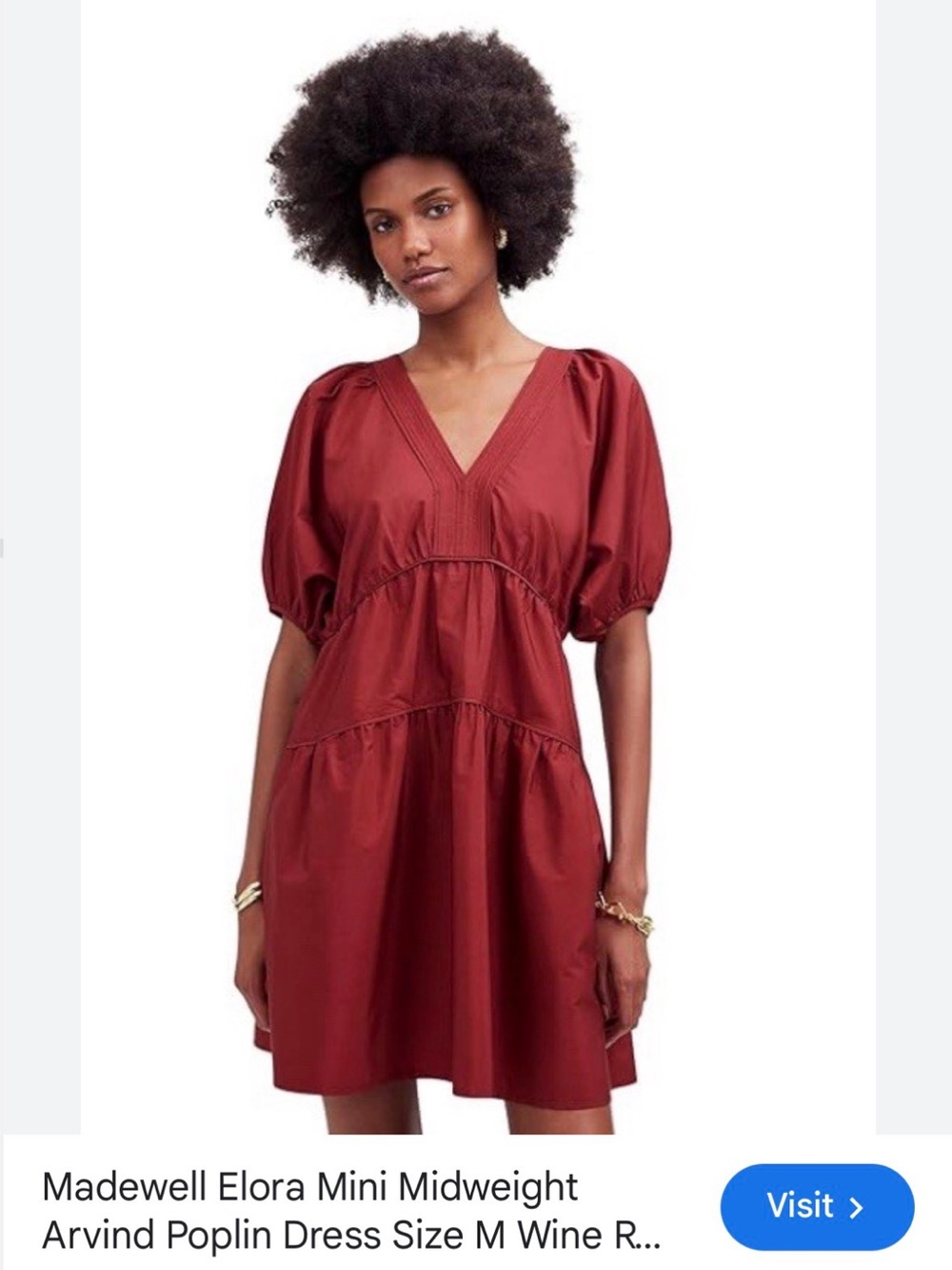 Madewell Wine Red V‑Neck Puff Sleeve Mini Dress